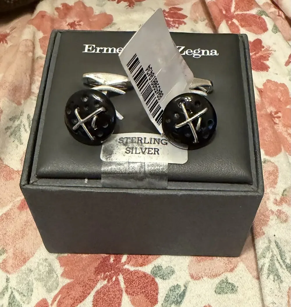 $695 NIB Ermenegildo Zegna Sterling Silver Black X Whaleback Cufflinks